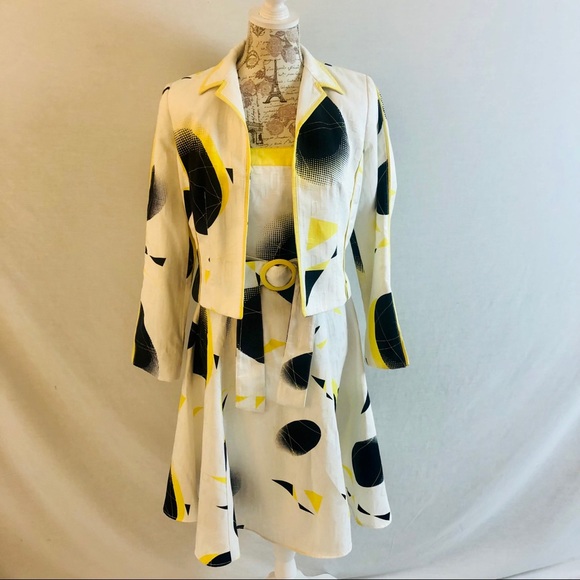 Vintage 90s Alberto Makali Dress and Jacket White Black Yellow Print Size 4 & 6 - Picture 16 of 16